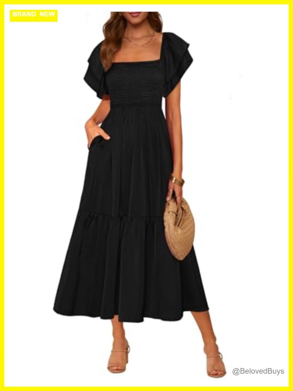 Womens Smocked Midi Dress Square Neck Ruffle Sleeve Flowy A-Line Side Pockets